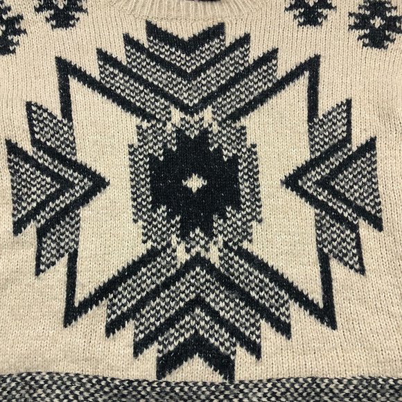 Press Cream & Black Cozy Boho Aztec Wool Blend Crew Neck Fringed Sweater Western - Picture 11 of 13